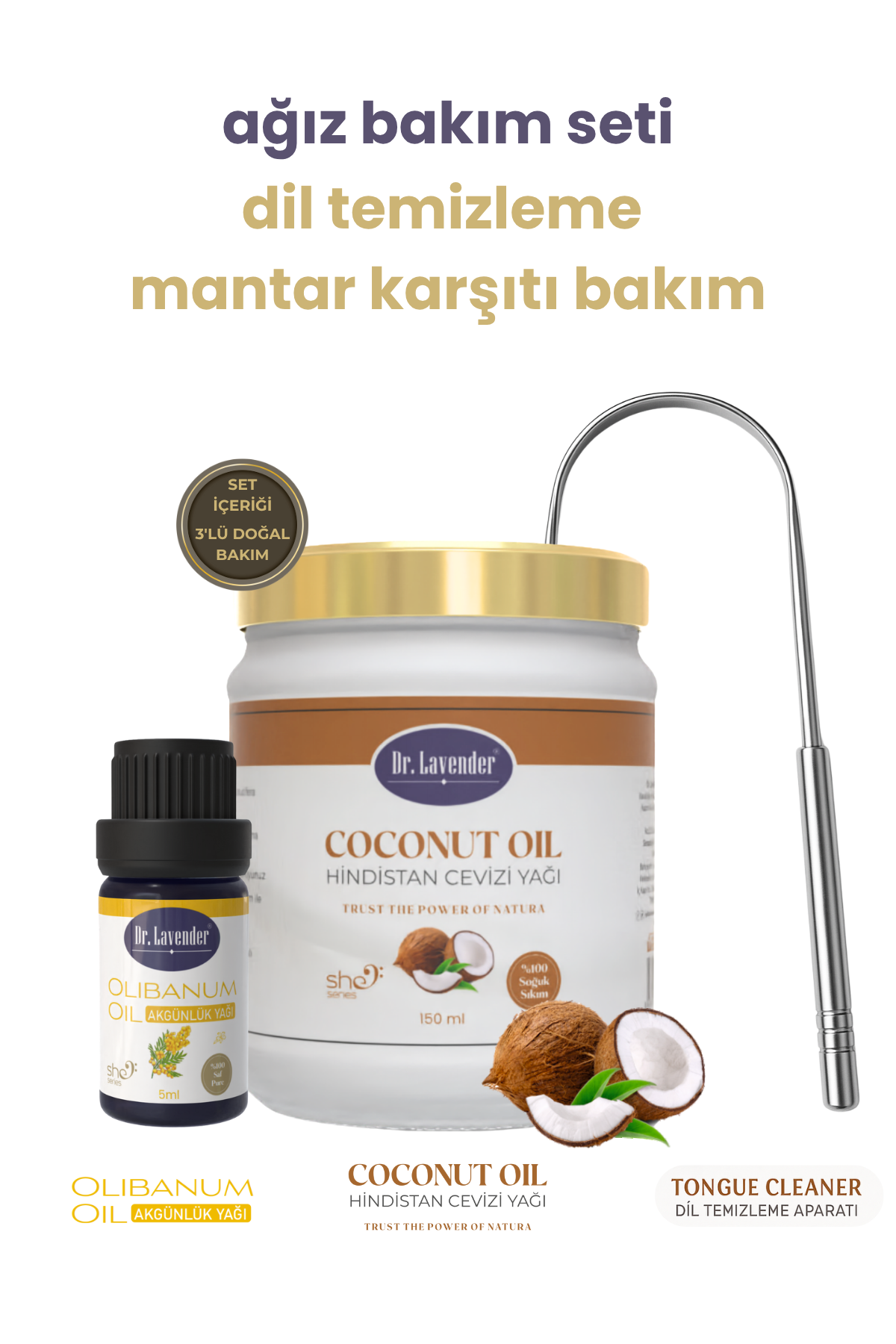 3'lü Doğal Ağız Bakım Seti – Hindistan Cevizi Yağı + Akgünlük Yağı + Dil Temizleyici