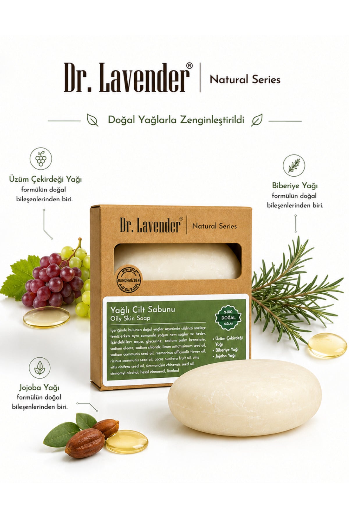 Dr.Lavender Doğal Yağlı Cilt Sabunu — Üzüm Çekirdeği Biberiye Jojoba Yağlı Katı Sabun 90 g - görsel 2