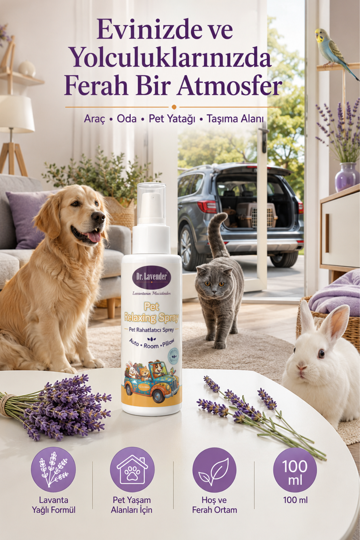 Pet Rahatlatıcı Sprey Lavanta Yağlı Ortam Spreyi 100 ml | Araç, Oda ve Pet Yaşam Alanları İçin