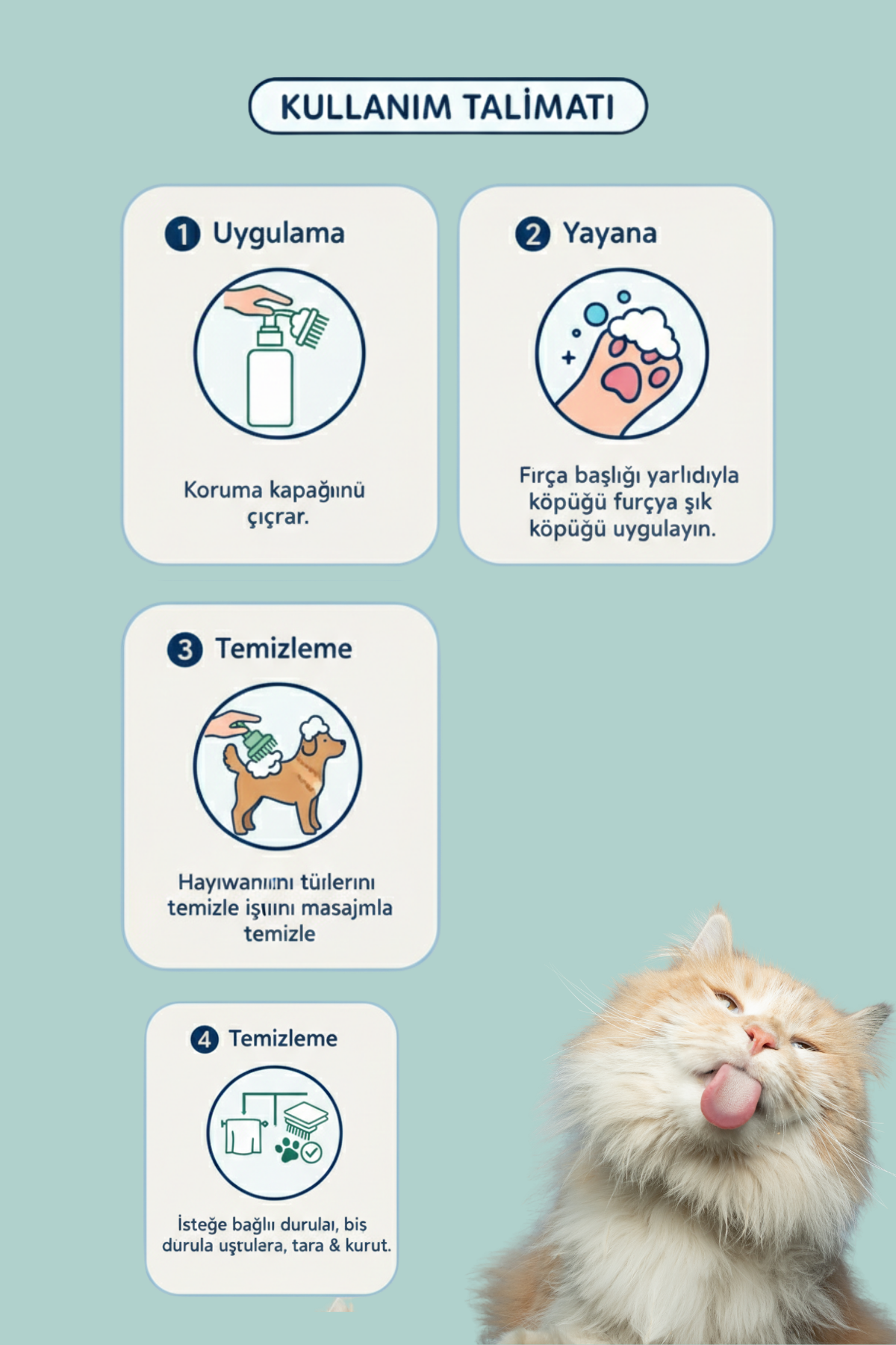 Durulama Gerektirmeyen Fırçalı Kedi & Köpek Şampuanı & Kuru Köpük Şampuanı